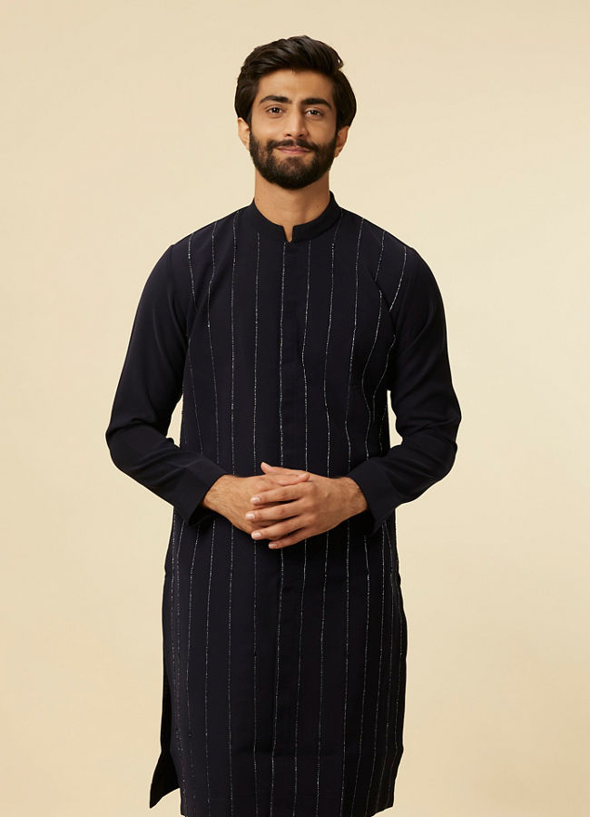 alt message - Manyavar Men Dark Blue Striped Patterned Kurta image number 0